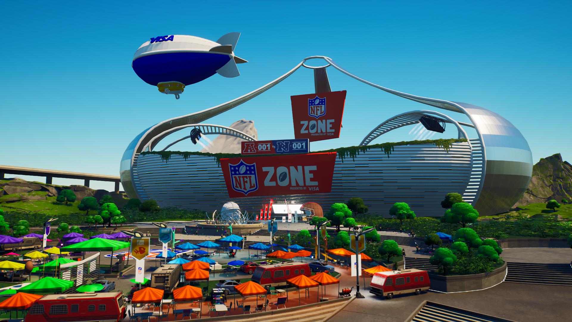 Tents and camper vans outside the NFL Zone stadium in Fortnite, with a Visa blimp and an AFC-versus-NFC scoreboard