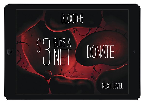A tablet showing a Nightmare: Malaria level screen for the Against Malaria Foundation: dark red blood cells under the heading Blood-6, the words $3 buys a net beside a Donate button, and Next level at bottom right