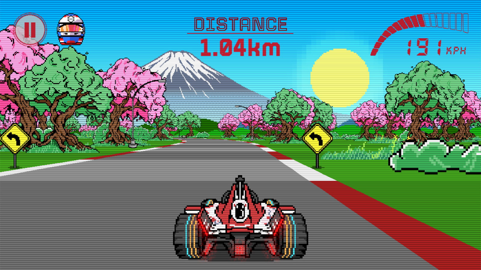 A pixel-art Formula E car races along a road past cherry blossoms and Mount Fuji in Nissan's Electric Racer Tokyo, with a distance of 1.04 km and a speed of 191 kph on screen