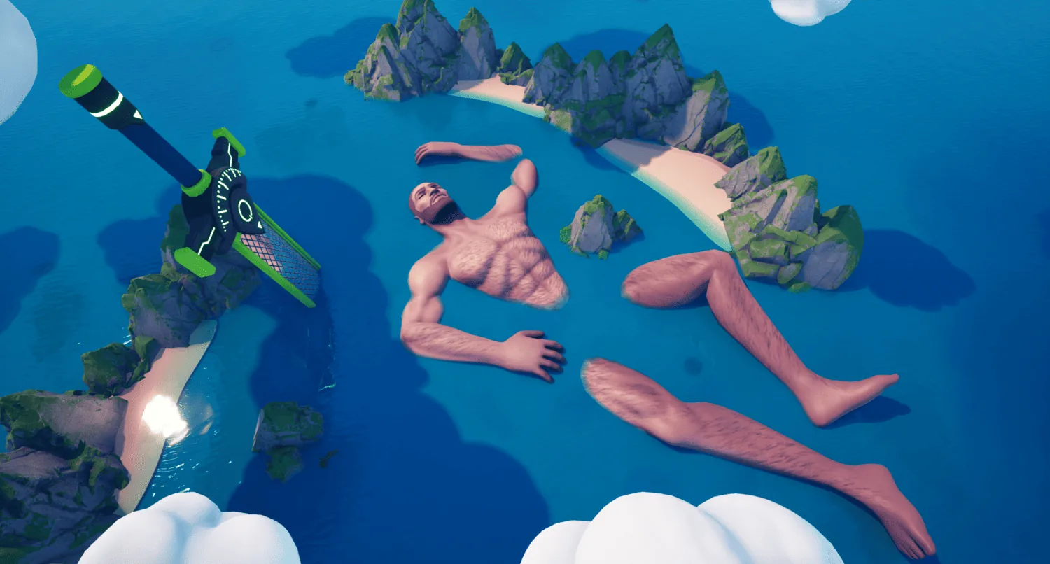 Aerial view of the Body Royale Fortnite island: a giant hairy human body in separate pieces lying in the sea, beside rocky islets and a giant green-and-black razor