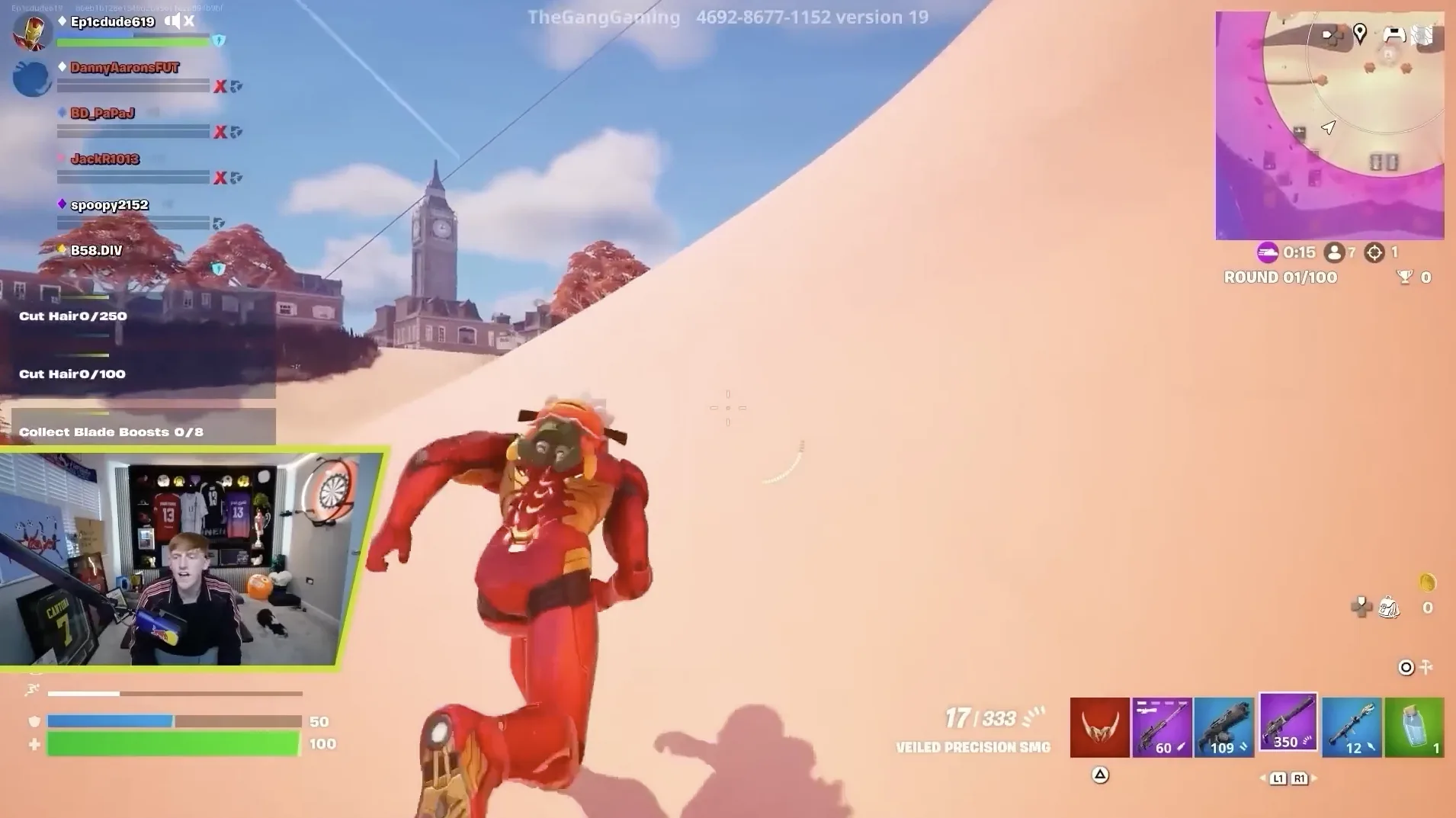 Gameplay from Philips OneBlade's Body Royale in Fortnite: a red-suited player runs up a skin-coloured slope, with objectives reading Cut Hair 0/250 and Collect Blade Boosts 0/8 on the left and a streamer's webcam in the lower-left corner