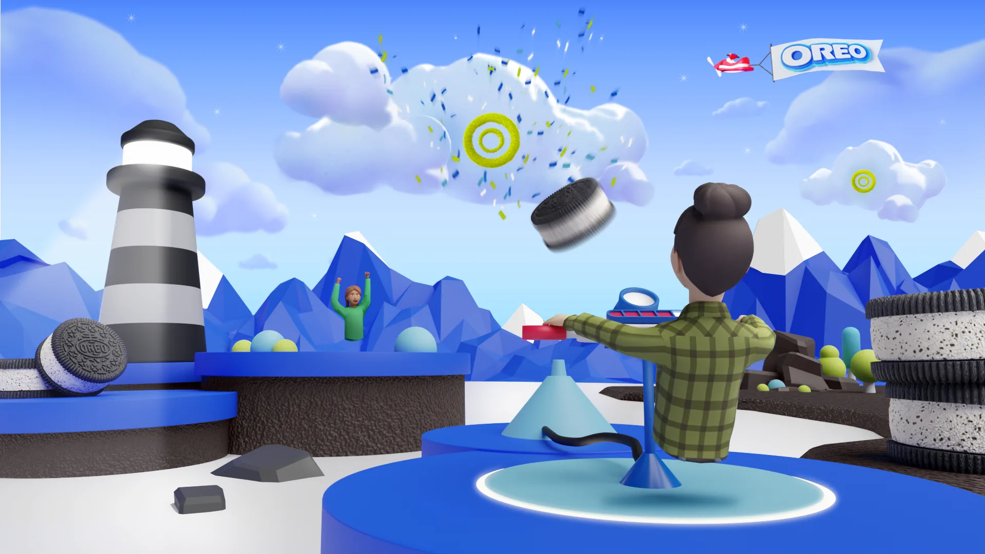 Avatar in Oreo's OREOVERSE holding a red lever as a cookie flies towards a yellow target in the clouds