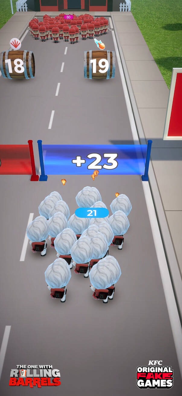 A crowd of white-haired Colonel figures runs along a road towards a +23 gate in KFC's Original Fake Games