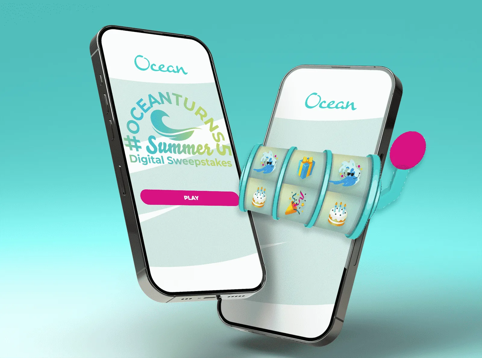 #OceanTurns5 Summer Digital Sweepstakes for Ocean Casino Resort: two phones, one with the sweepstakes title and a pink PLAY button, the other with slot reels of a wave mascot, a gift box, birthday cakes and a party popper, and a lever with a pink knob