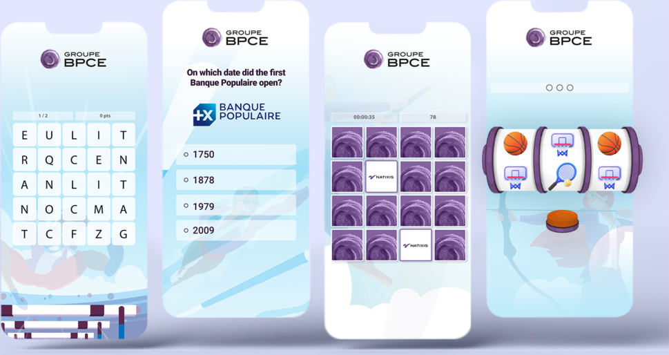 Four phone screens of Let's Reveal The Possibilities for Groupe BPCE: word grid, quiz, memory cards and slot machine