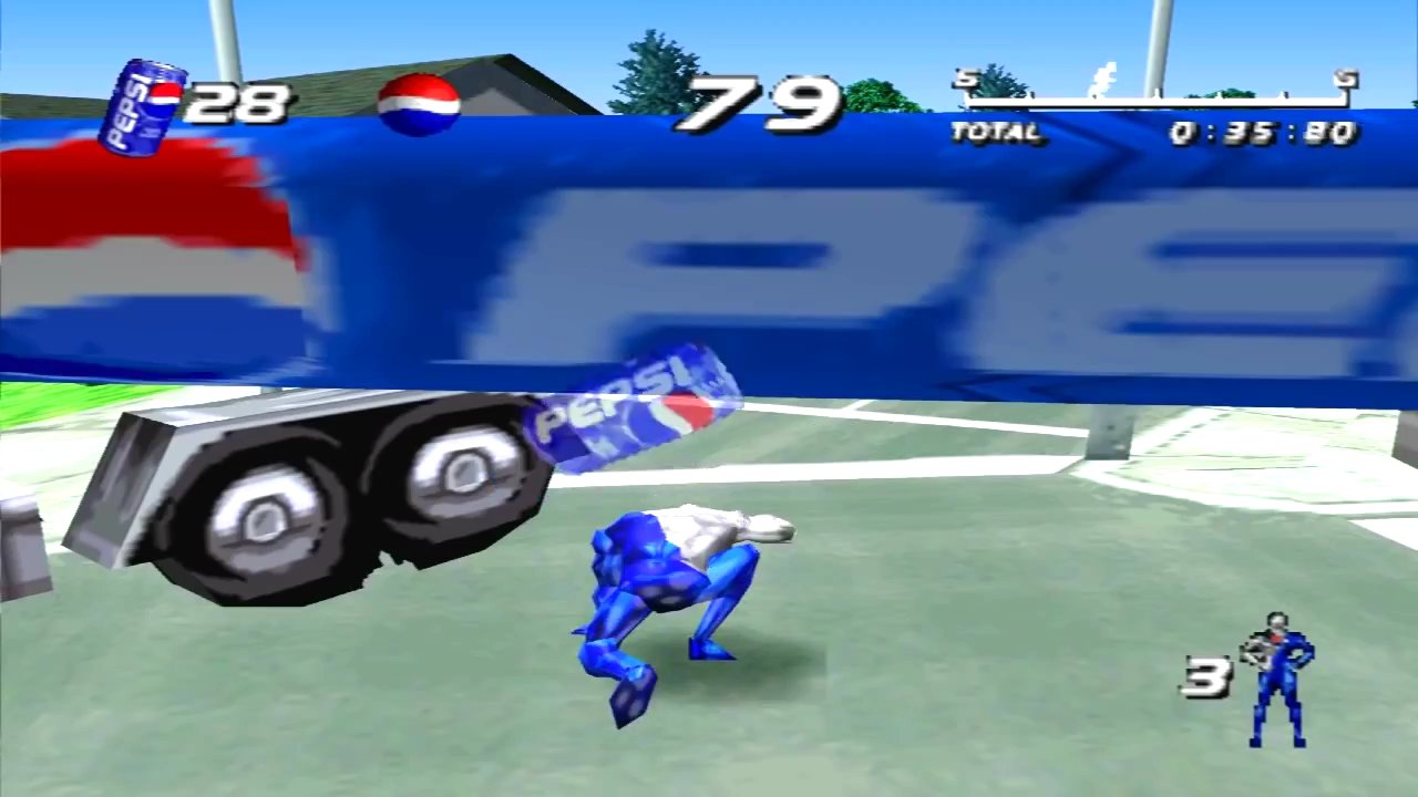 Pepsiman for Pepsi: the hero crouches low beside the wheels of a blue Pepsi lorry that fills the top of the screen, with the can counter reading 28