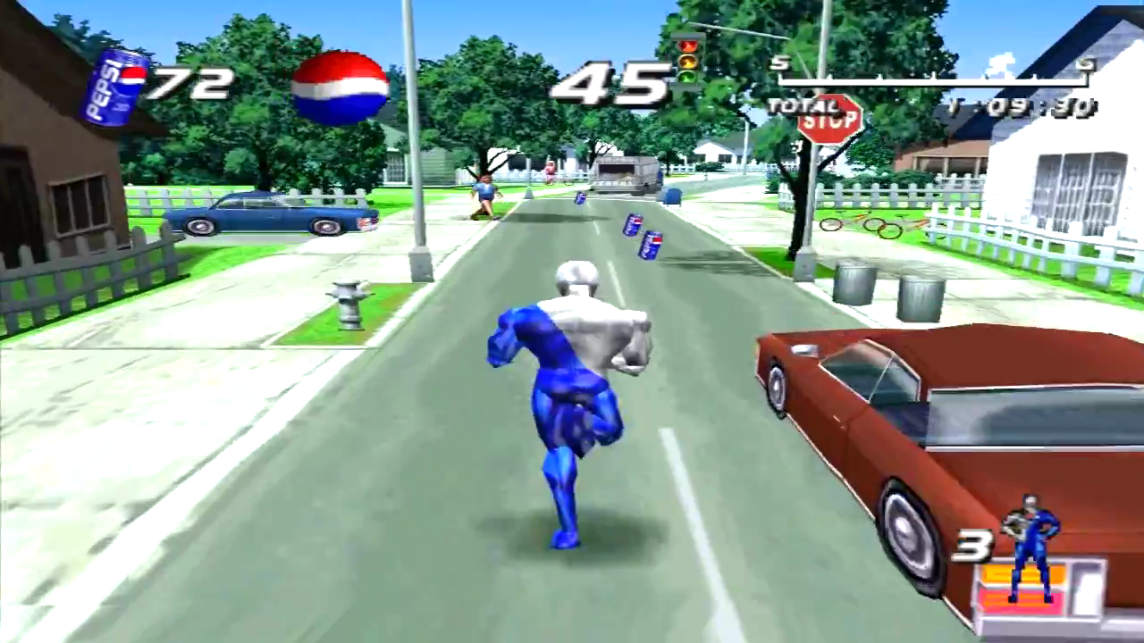 Pepsiman for Pepsi on PlayStation: the blue-and-silver hero runs down a suburban street towards Pepsi cans on the road, past a parked red car, with a can counter, a Pepsi logo and a timer at the top of the screen