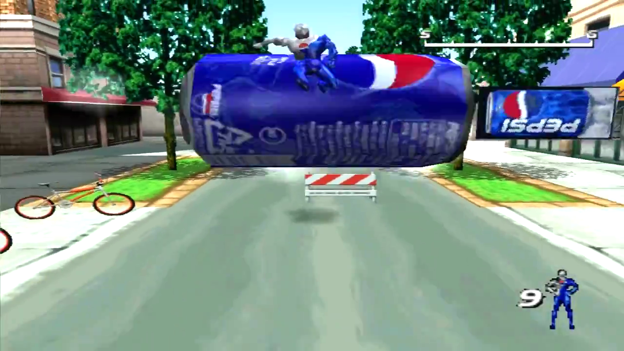 Pepsiman for Pepsi: the hero in mid-air above a giant Pepsi can lying across a tree-lined city street, a striped road barrier below and a Pepsi billboard on the right