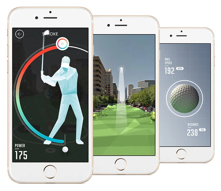 Dell Play Through on three phones: a Stroke screen with a low-poly golfer mid-swing and a power reading of 175, a green fairway laid over a real city street, and a ball speed of 192 mph with a distance of 238 yards