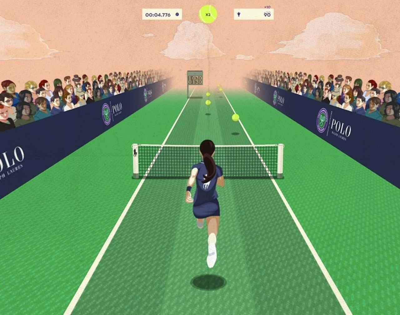 Playfully Wimbledon for Ralph Lauren: a ball girl in a navy Polo outfit runs down a green court towards the net and loose tennis balls, between crowds behind Polo Ralph Lauren boards, with a timer and a score of 90 at the top