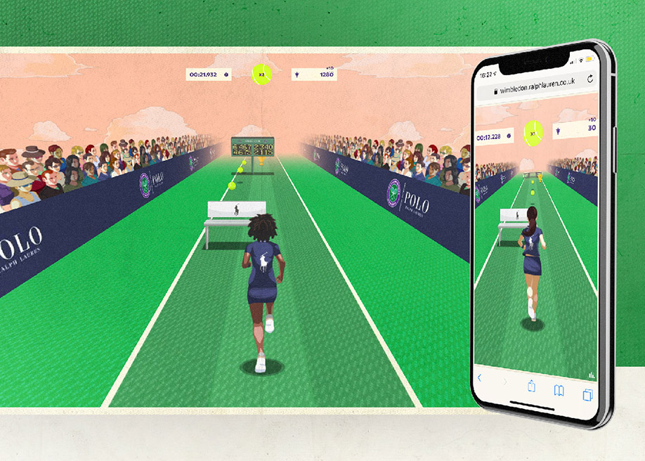 Ralph Lauren's Playfully Wimbledon in a wide landscape view and in a phone browser at wimbledon.ralphlauren.co.uk: a ball girl in navy Polo kit runs down a grass court between crowds and Polo boards towards a line of tennis balls