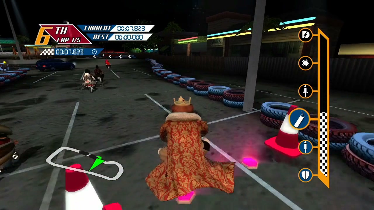 PocketBike Racer for Burger King: The King in his crown and patterned robe rides a pocketbike between cones and stacked tyres in a night-time car park, with 6th place, lap 1/5, lap timers, a track map and a power-up meter on screen