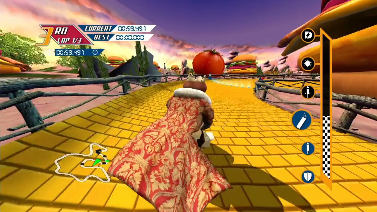 PocketBike Racer for Burger King: the King, seen from behind in his red and gold robe, races along a yellow tiled track past a giant tomato and giant burgers, in third place on lap 1 of 3, with a weapon meter on the right