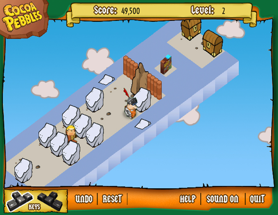 A Cocoa Pebbles puzzle game from Postopia: a knight in a plumed helmet and a blond companion on an isometric stone path in the sky, among white boulders, wooden posts, a cereal box and treasure chests, with a score of 49,500 at level 2