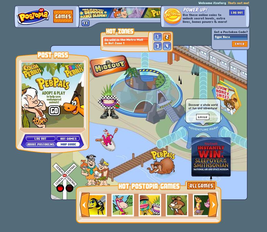 Postopia hub for Post Cereals: a cartoon map with Adventure Park, a PebPals panel and a row of Hot Postopia Games, beside a 'Got a Postoken Code? Type Here' box and a Power Up note saying the coins unlock secret levels, extra lives and bonus powers