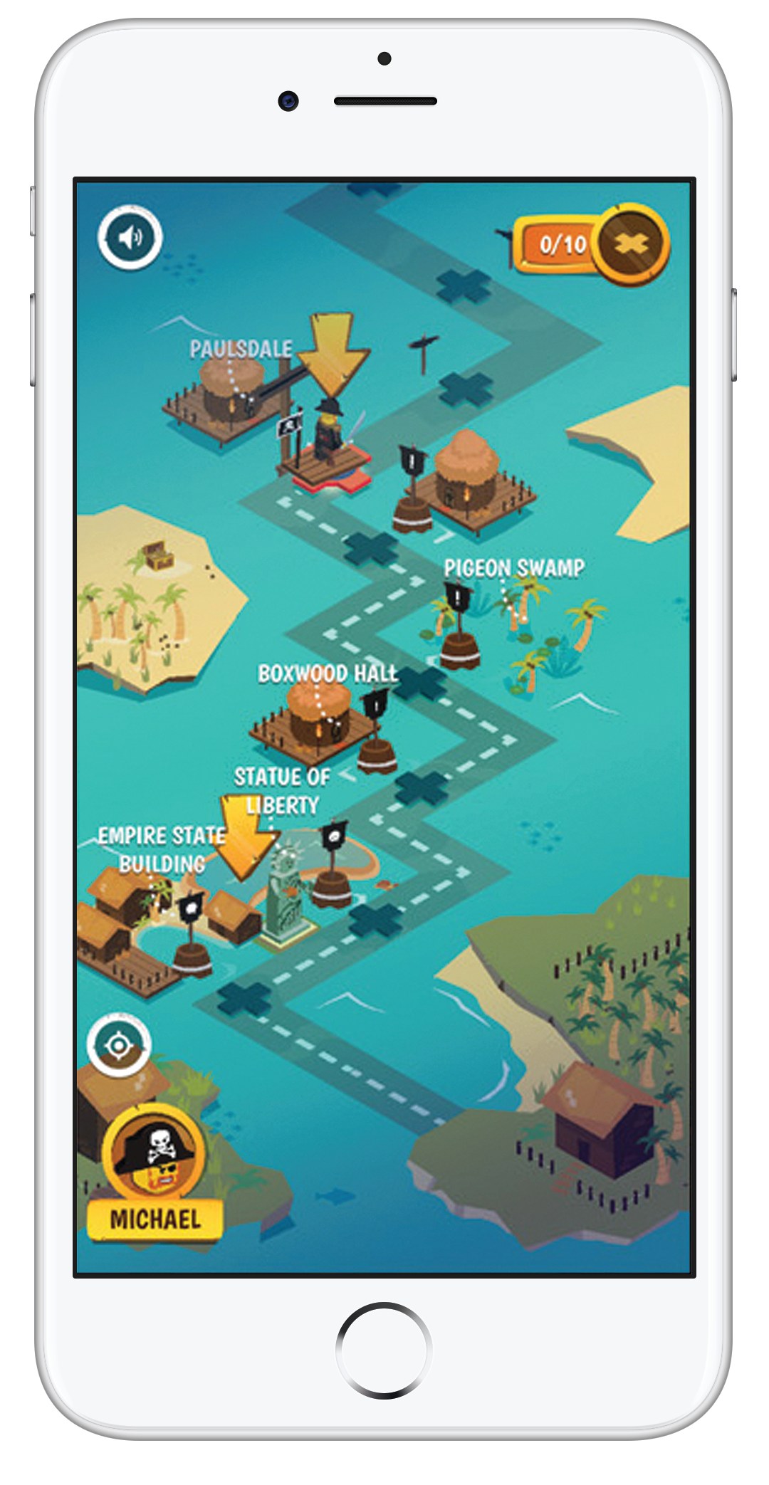 Quest To LEGOLAND on a phone: an illustrated pirate route across water with a minifigure on a raft, stops labelled Paulsdale, Pigeon Swamp, Boxwood Hall, Statue of Liberty and Empire State Building, a 0/10 counter and a player badge reading Michael
