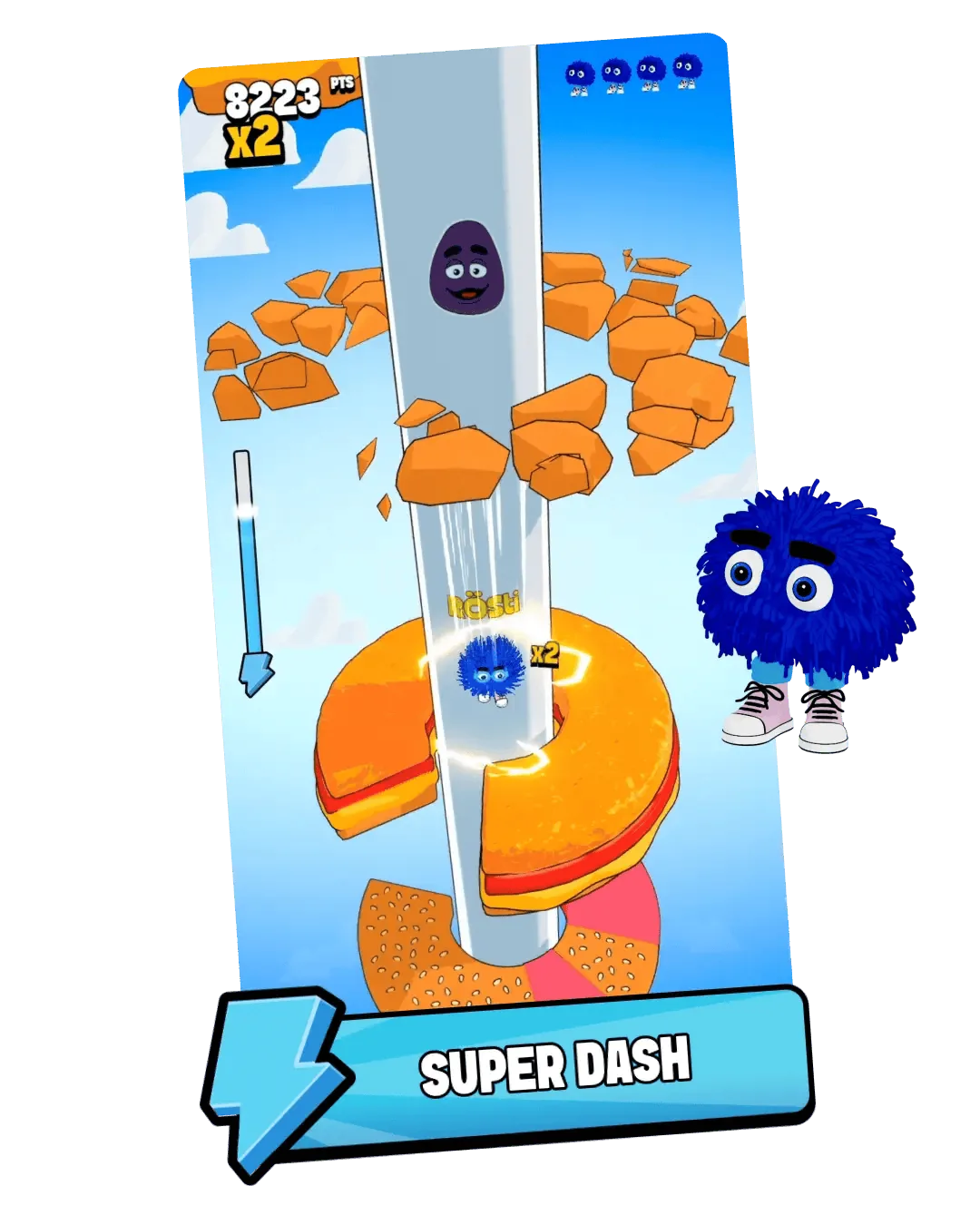 Rösti Fall for McDonald's: a blue Fry Friend drops down a pale pole through burger-bun rings and orange chunks, with Grimace on the pole above, a Super Dash banner below and a score of 8,223 points with a x2 multiplier at the top