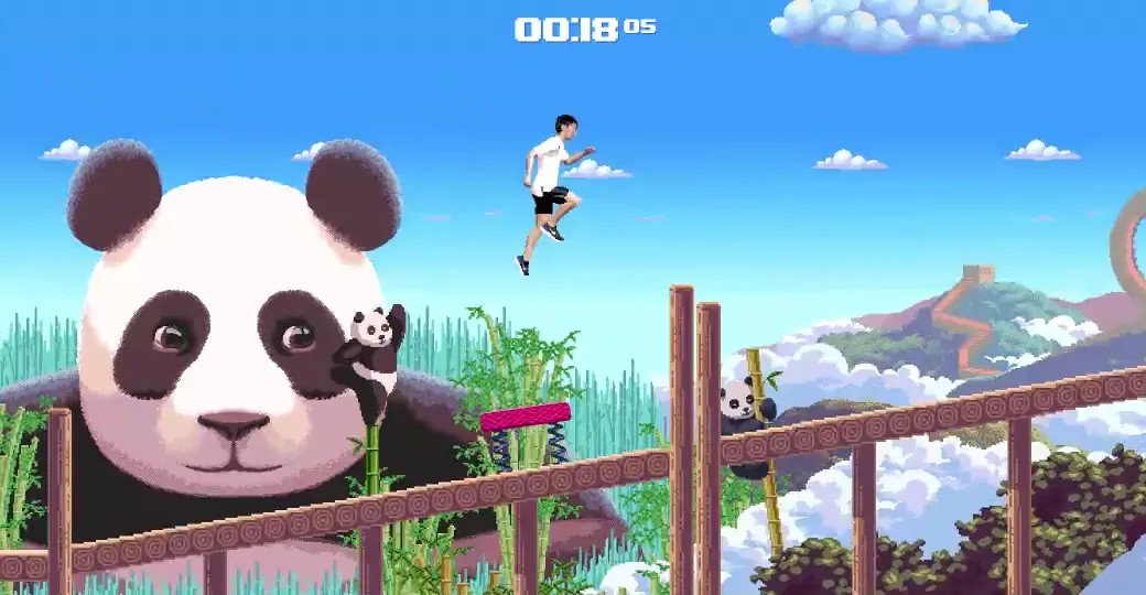 Reactland game screen for Nike: a runner jumps over a pink spring pad on a wooden walkway, with a giant pixel-art panda, bamboo and the Great Wall behind and a timer reading 00:18