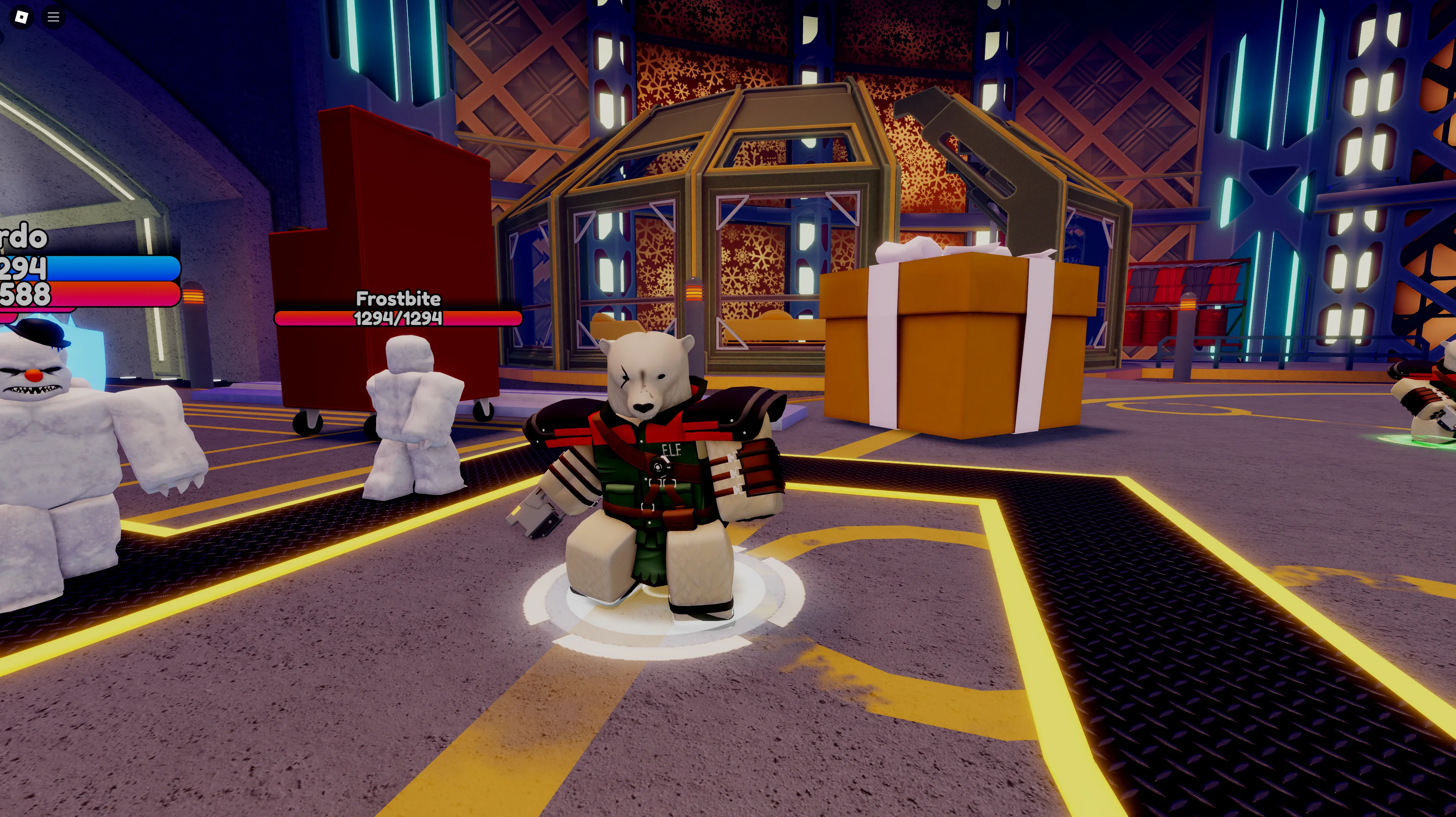 In Red One Hangar on Roblox, a polar bear in an ELF vest stands in a hangar beside snow creatures with health bars