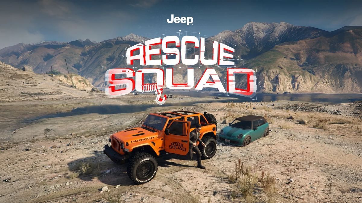 An orange Jeep Rubicon in Rescue Squad livery parked beside a teal hatchback on dusty ground below mountains, a man standing at its open door, under the Jeep Rescue Squad title