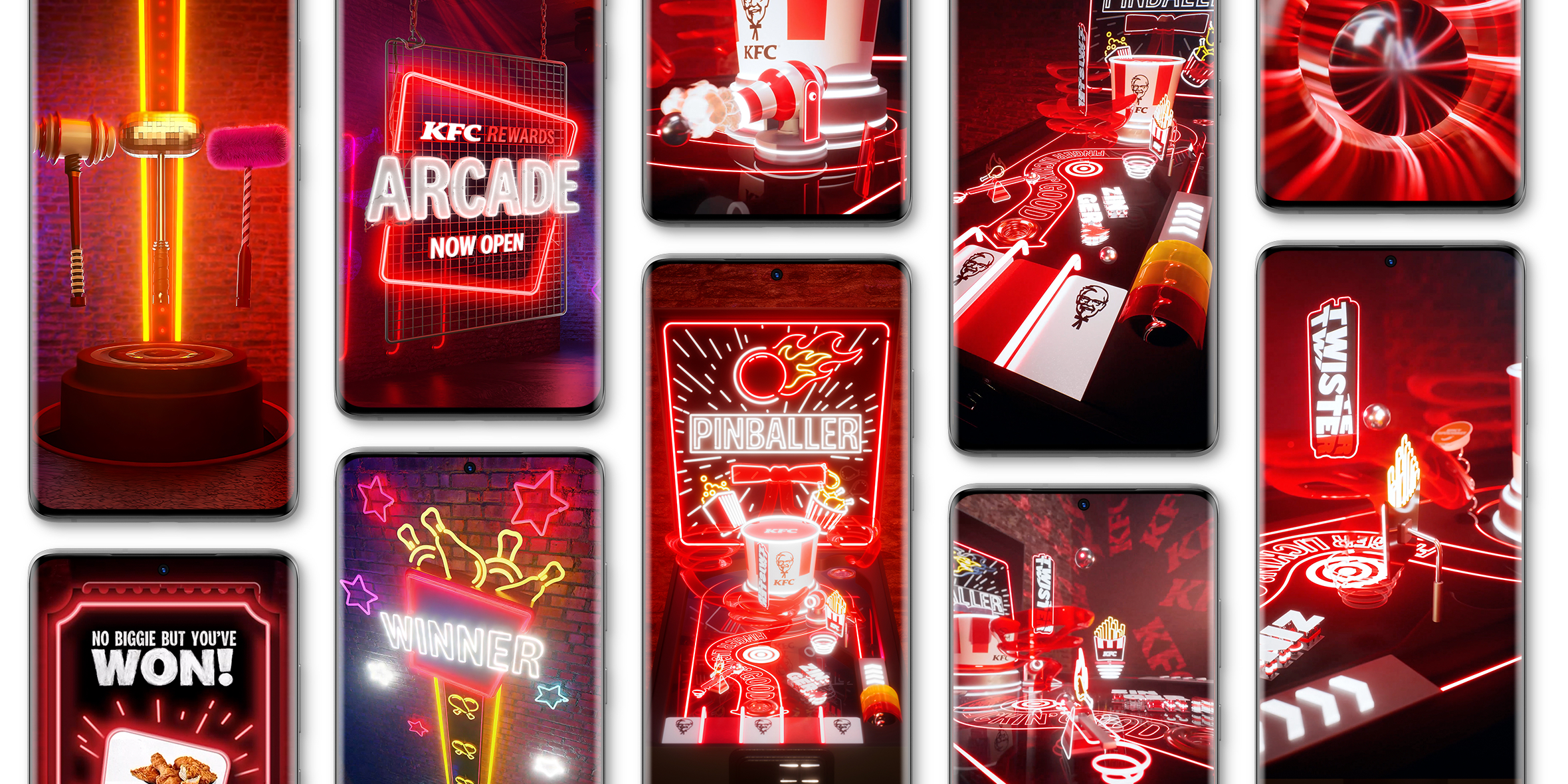 Phone screens from KFC Rewards Arcade: three hammers at a strength tester, the Pinballer table and winner screens