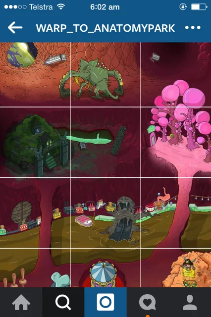 Rick and Morty's Rickstaverse on Instagram: the warp_to_anatomypark profile, whose grid of posts forms one illustrated scene with creatures, a pink tree and a small train