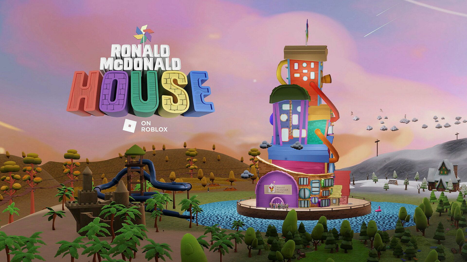 Ronald McDonald House on Roblox for McDonald's: a tall, colourful stacked house on a round island in a lake, with a water slide and sandcastle on one side and snowy pines on the other