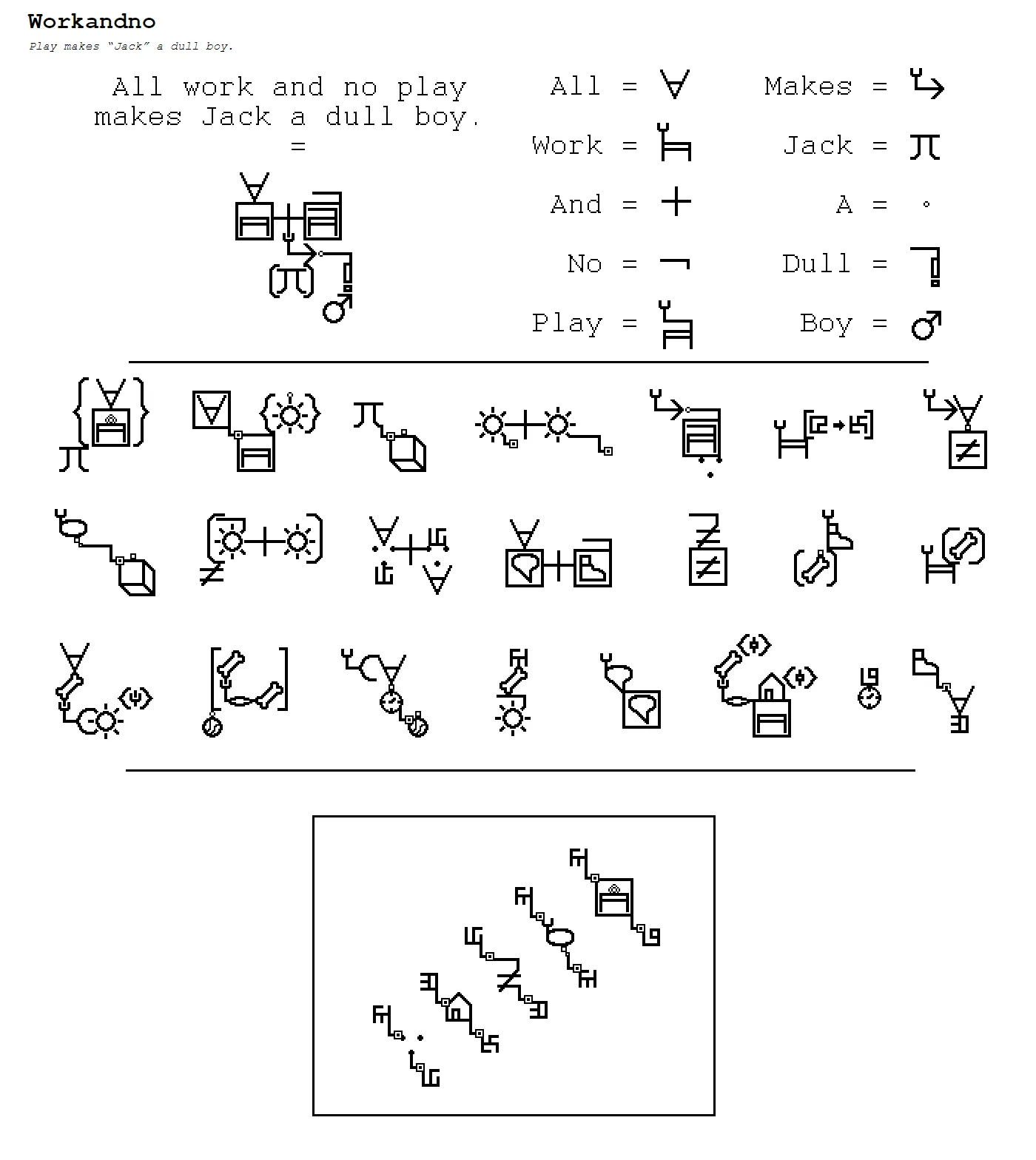 A puzzle page titled Workandno from The Million Dollar Puzzle for Salesforce: a key turns each word of a well-known proverb into a line-drawn symbol, above three rows of symbol clusters to decode and a boxed diagonal message
