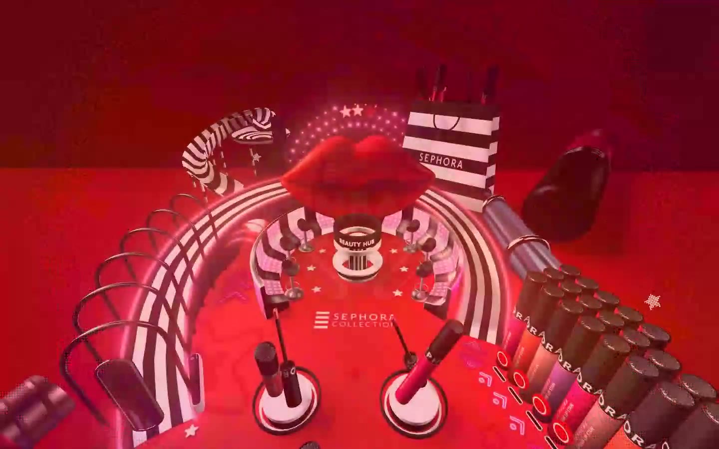 Red Sephora pinball table with giant lips, lip stain wands as bumpers and a striped Sephora bag