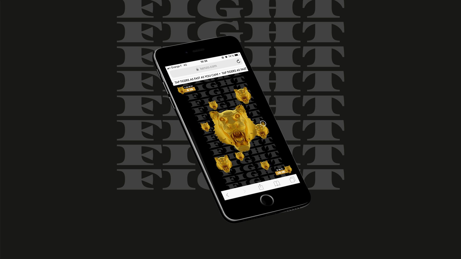 Kenzo Shopping League duel screen on a phone asking the player to tap golden tigers as fast as possible