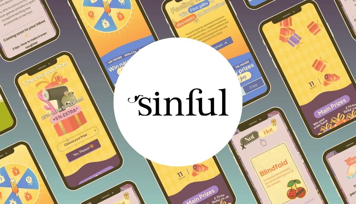 Sinful logo over phone screens of its games: a prize wheel, falling gifts and a Not or Hot card