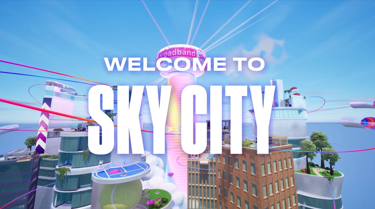 Title card for Sky City in Fortnite: towers around a central Sky Broadband tower, with rails looping between them