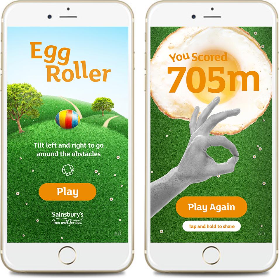 Two phone screens from Sainsbury's Egg Roller: a striped Easter egg on a grassy hill under the title with the instruction Tilt left and right to go around the obstacles and a Play button, and a fried-egg score screen reading You Scored 705m with Play Again and Tap and hold to share