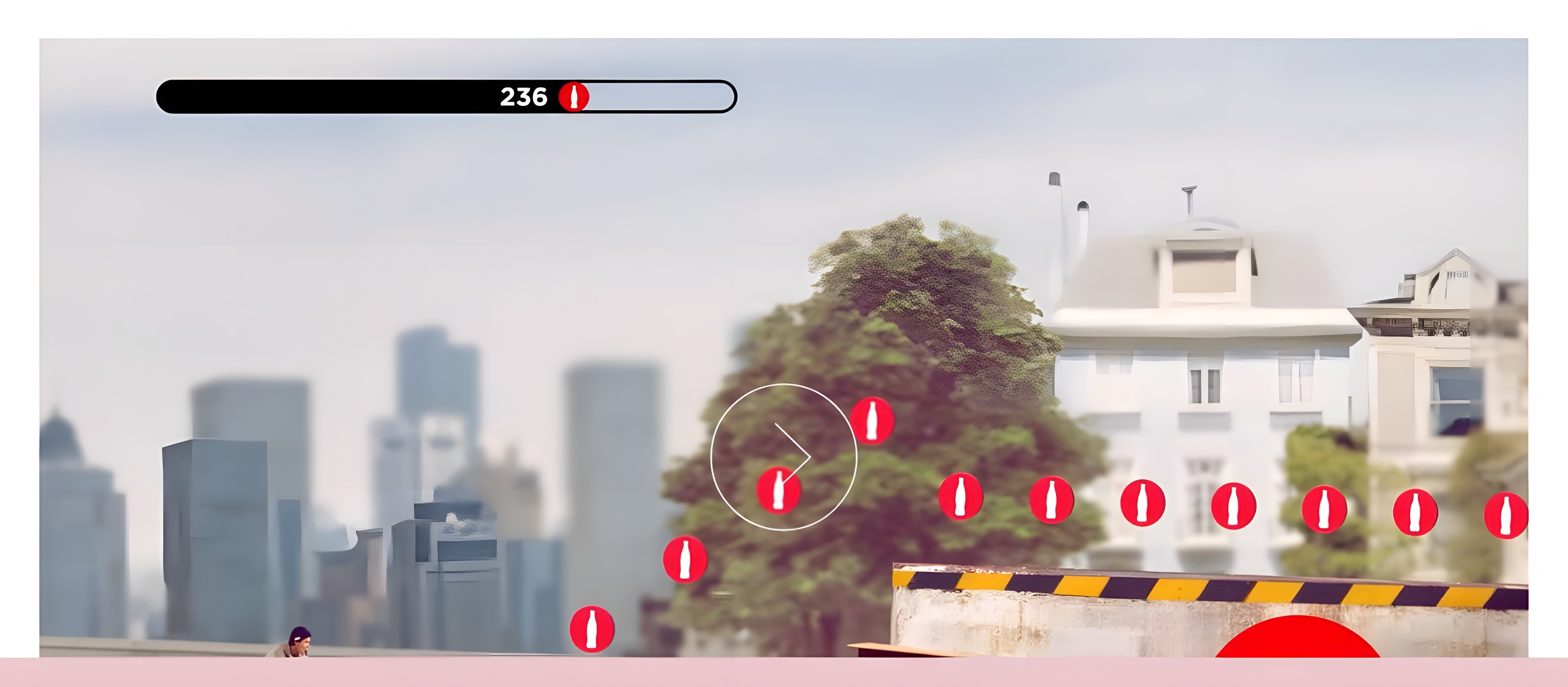 Gameplay frame from Coca-Cola's SnapSkate: a progress bar reading 236 with a Coca-Cola bottle icon, a trail of red bottle pickups arcing over a striped concrete barrier, a circled arrow and a city skyline behind, with the skater's head at the bottom left