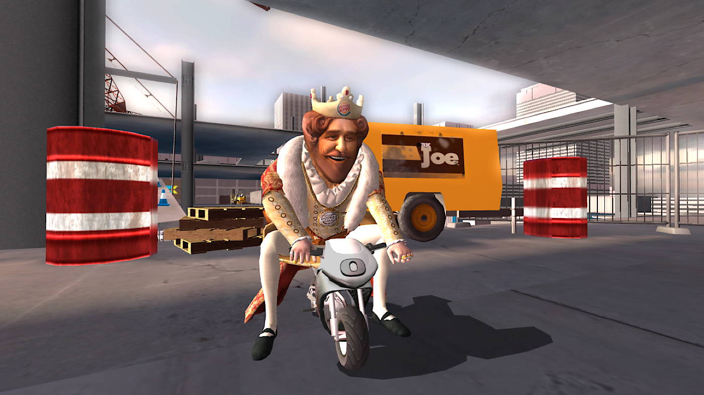 PocketBike Racer: The King in crown and fur-trimmed robe crouches on a miniature motorbike at a construction site between red and white barrels
