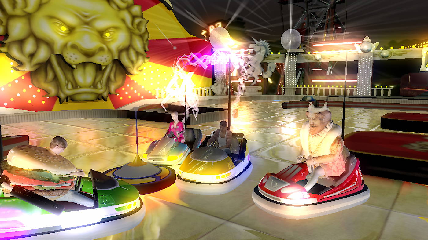 Big Bumpin' for Burger King: The King and a burger-costumed driver steer bumper cars in a fairground arena