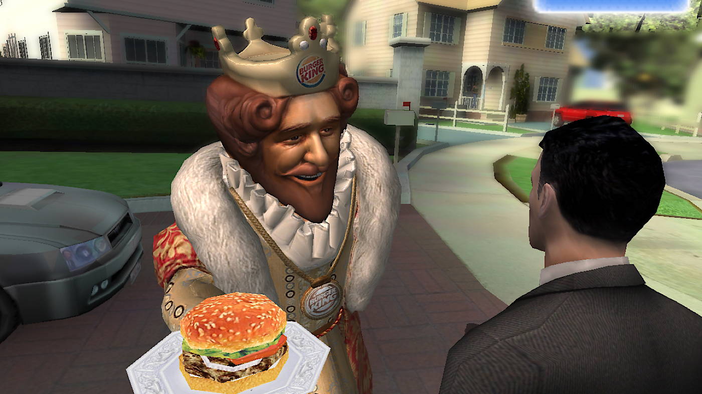 Sneak King: the Burger King mascot in crown and fur-trimmed robe offers a burger on a plate to a man in a suit on a suburban street