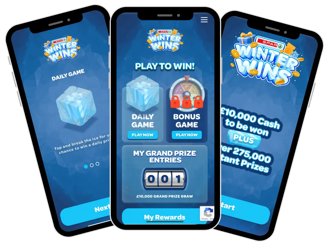 Three phones showing SPAR Winter Wins: a daily ice block game, a menu with a locked bonus wheel and grand prize entries, and a £10,000 cash prize screen