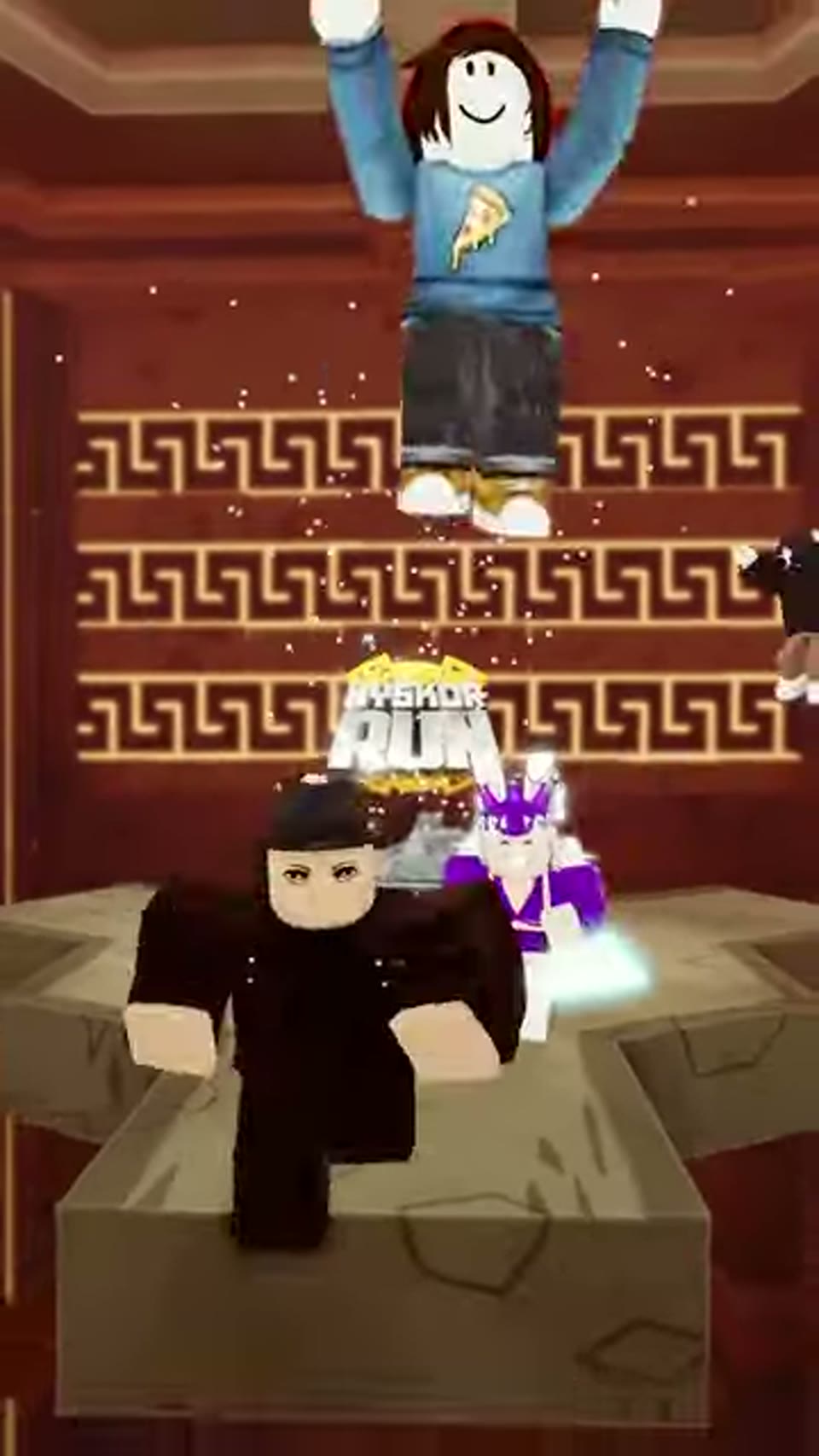 Roblox avatars jump and run on a stone platform around a glowing Hyskor Run logo in a red hall with gold patterns, in Netflix's Spy Kids: Armageddon game