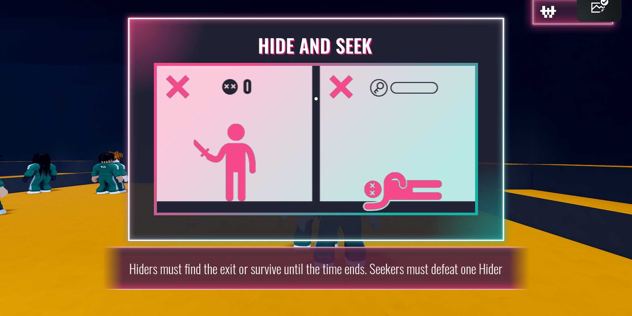 Squid Game: The Final Games for Netflix on Roblox: a Hide and Seek rule card over a yellow arena with avatars in green tracksuits, reading Hiders must find the exit or survive until the time ends. Seekers must defeat one Hider