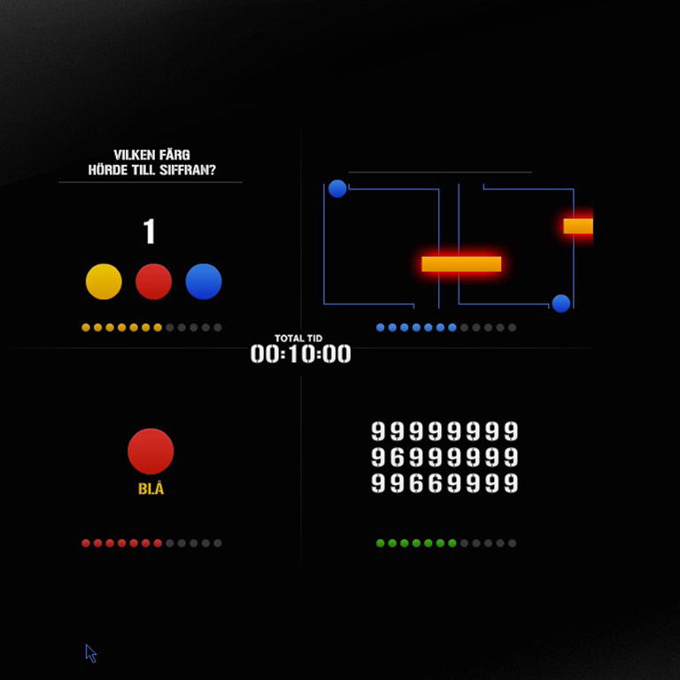 Four-quadrant screen of The Team Test with Swedish-language colour, maze and number tasks around a central total-time clock