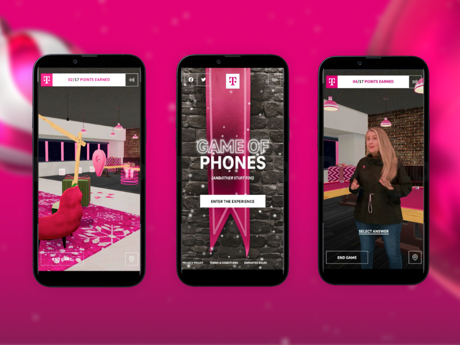 Three phone screens of T-Mobile's Game of Phones: a festive 3D office, the title screen and a speaking presenter