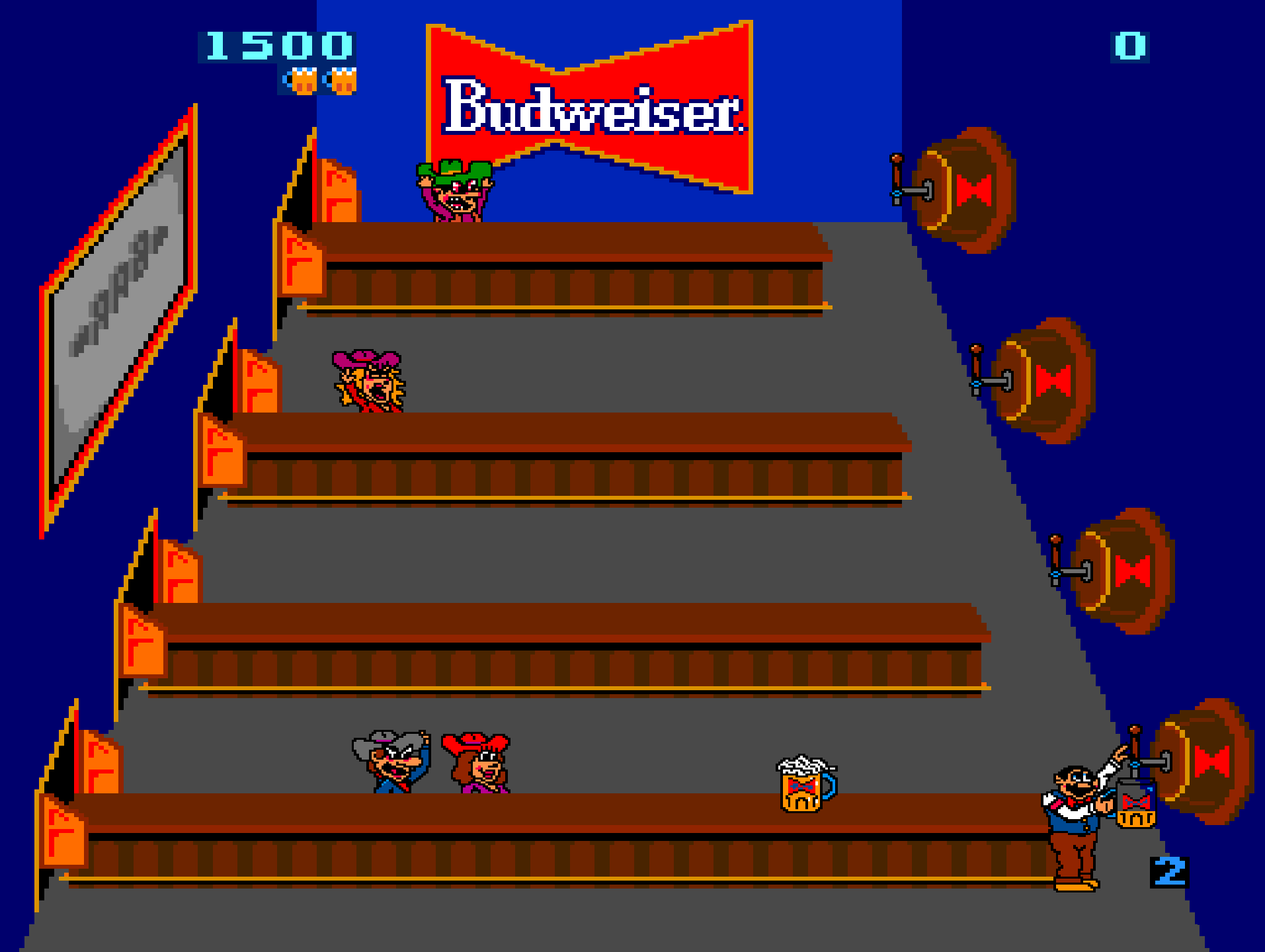 Tapper for Budweiser, arcade screen: a pixel-art bartender pours at a keg tap at the end of the lowest of four bar counters while customers in hats wait along them, under a large red Budweiser bow-tie sign, with a score of 1500