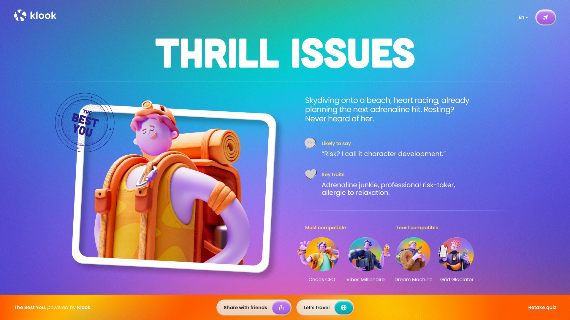 The Thrill Issues result in Klook's The Best You: a 3D traveller with a climbing helmet and rolled mat, key traits, a Likely to say quote, four most and least compatible personas, and Share with friends, Let's travel and Retake quiz buttons