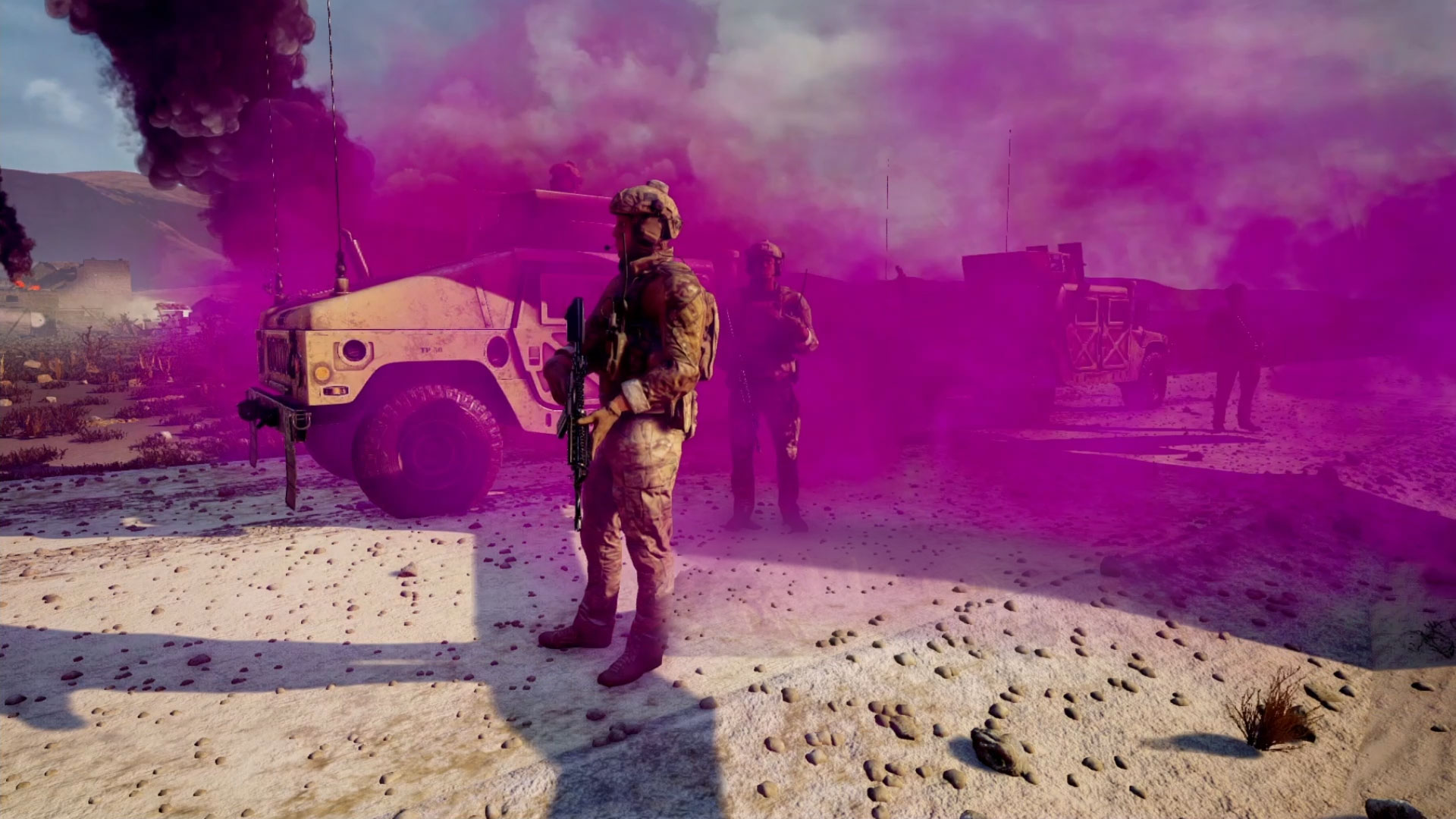 Armed soldiers beside Humvees in purple and black smoke on desert ground in the U.S. Air Force's The Calm & The Storm VR
