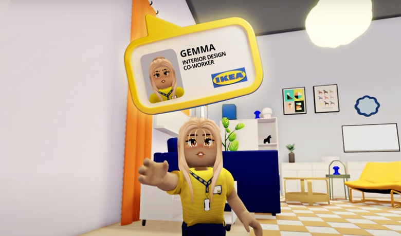 Roblox avatar in a yellow shirt under an IKEA badge reading Interior Design Co-worker in The Co-Worker