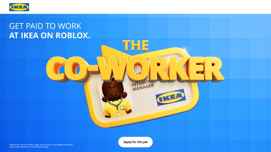 IKEA job ad for The Co-Worker reading Get paid to work at IKEA on Roblox, with an IKEA name badge showing a Roblox avatar and a manager job title partly hidden by the lettering, and an Apply for this job button