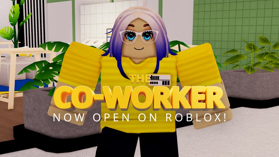 Roblox avatar in a yellow IKEA co-worker shirt inside the virtual store, with The Co-Worker title card