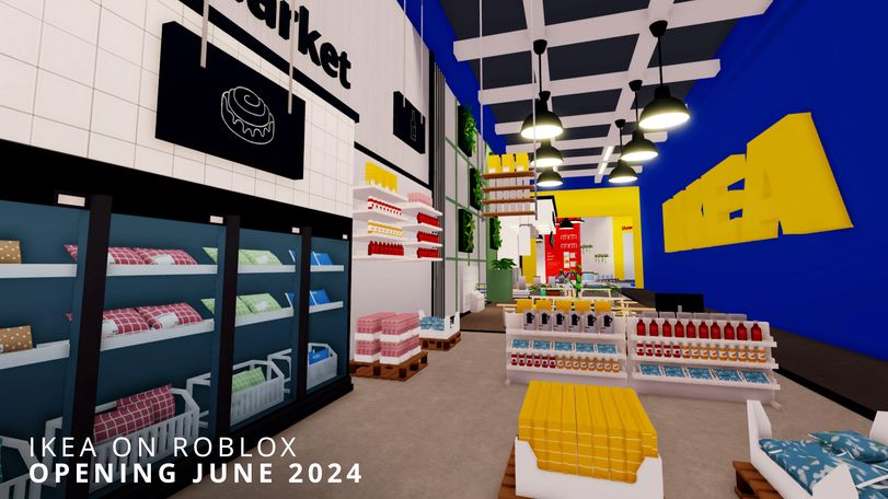 The market hall of IKEA's store in Roblox for The Co-Worker, with stocked shelves and the IKEA sign