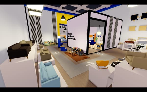 Inside the virtual IKEA showroom in The Co-Worker on Roblox: sofas and armchairs on white plinths, avatars on a sofa by a coffee table on a rug, and a walk-in room set reading Wherever and whenever inspiration strikes